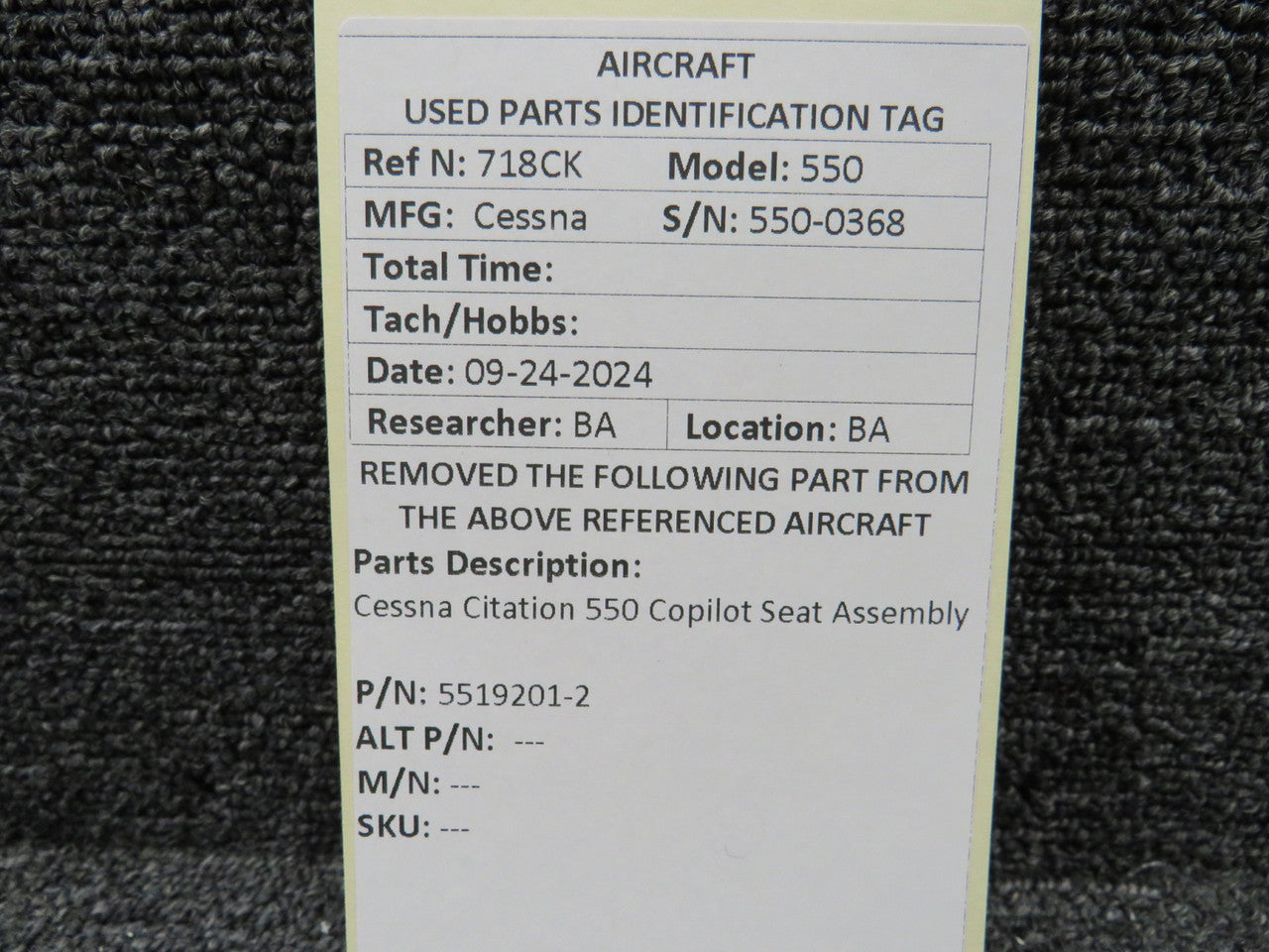 5519201-2 Cessna Citation 550 Copilot Seat Assembly – BAS Part Sales