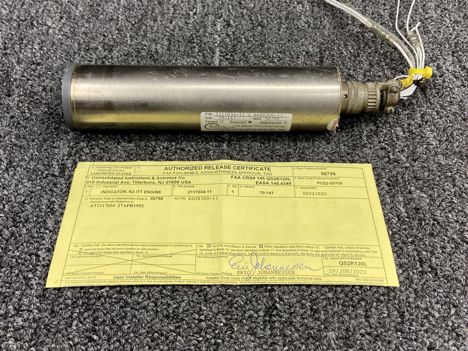 2117034-11 (Alt: 6608300-11) Airesearch Turbine Speed Indicator w 8130-3