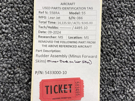 Learjet 5433000-10 Lear Jet 55 Rudder Assembly (Minus Forward Skins and Dent)