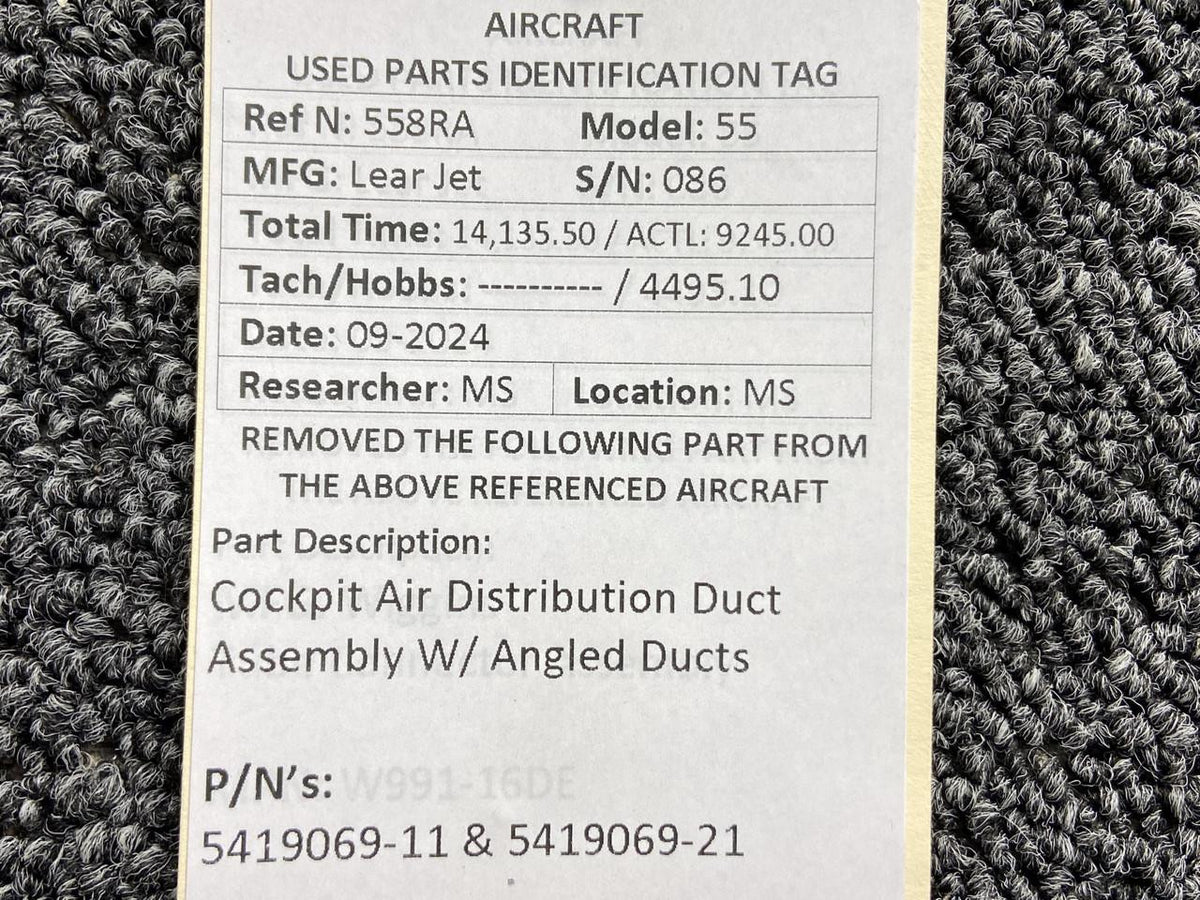 Learjet 5419069-11, 5419069-21 Lear Jet 55 Cockpit Air Distribution Duct w Angled Ducts