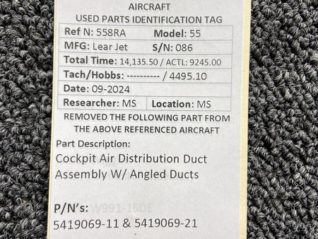 Learjet 5419069-11, 5419069-21 Lear Jet 55 Cockpit Air Distribution Duct w Angled Ducts