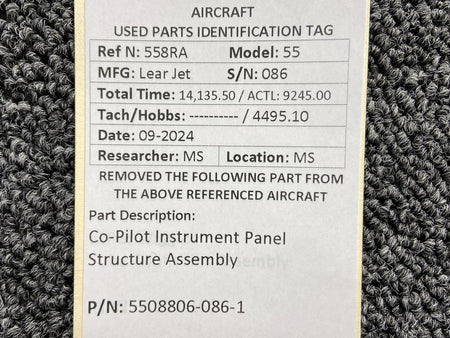 Learjet 5508806-086-1 Lear Jet 55 Co-Pilot Instrument Panel Structure Assembly