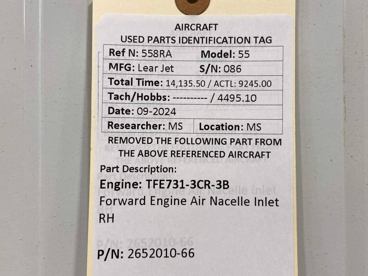Learjet 2652010-66 TFE731-3CR-3B Lear Jet 55 Engine Air Nacelle Inlet RH (Damaged)