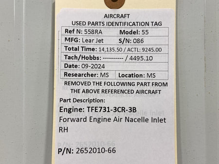 Learjet 2652010-66 TFE731-3CR-3B Lear Jet 55 Engine Air Nacelle Inlet RH (Damaged)