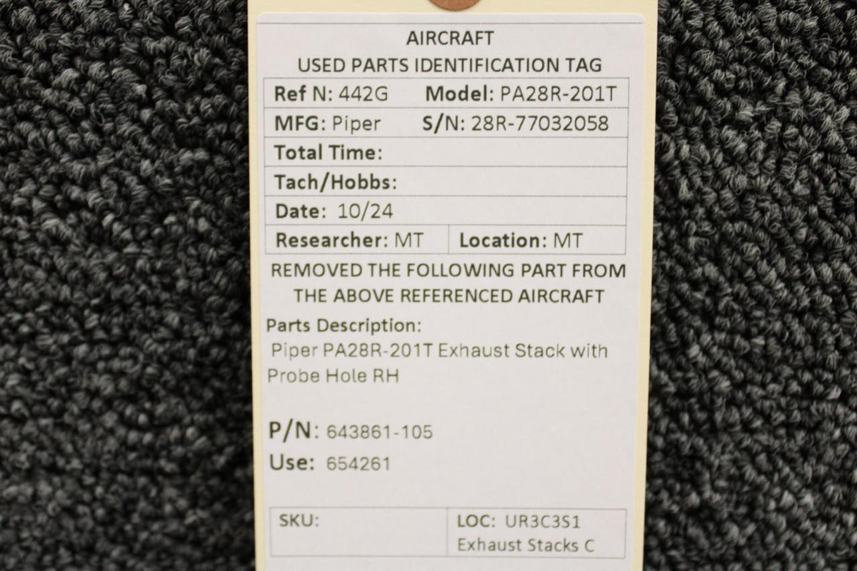 Piper Aircraft Parts 643861-105 (Use: 654261) Piper PA28R-201T Exhaust Stack with Probe Hole RH