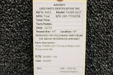 Piper Aircraft Parts 643861-105 (Use: 654261) Piper PA28R-201T Exhaust Stack with Probe Hole RH