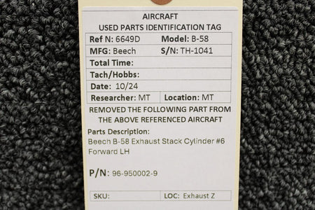 Beechcraft Parts 96-950002-9 Beech B-58 Exhaust Stack Cylinder #6 Forward LH