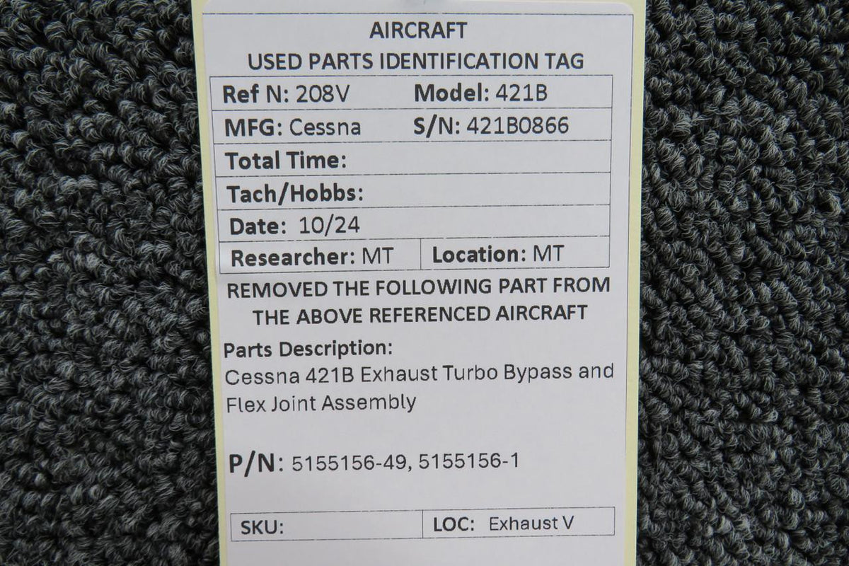 Cessna Aircraft Parts 5155156-49, 5155156-1 Cessna 421B Exhaust Turbo Bypass and Flex Joint Assembly