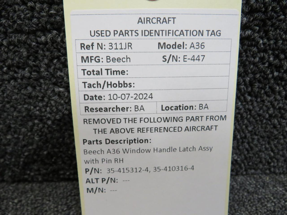 Beechcraft Parts 35-415312-4, 35-410316-4 Beechcraft A36 Window Handle Latch Assy with Pin RH
