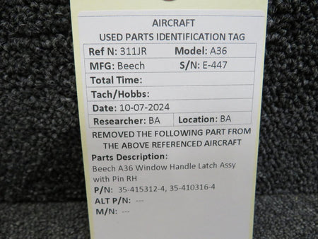 Beechcraft Parts 35-415312-4, 35-410316-4 Beechcraft A36 Window Handle Latch Assy with Pin RH