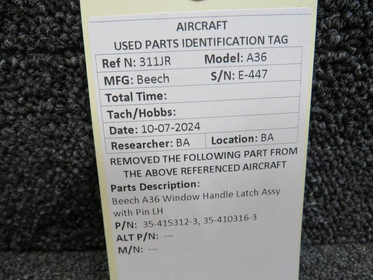 Beechcraft Parts 35-415312-3, 35-410316-3 Beechcraft A36 Window Handle Latch Assy with Pin LH