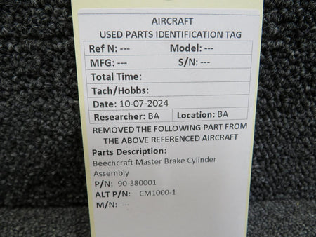 Beechcraft Parts 90-380001 (Alt: CM1000-1) Beechcraft Master Brake Cylinder Assembly