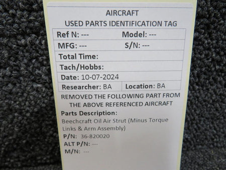 Beechcraft Parts 36-820020 Beechcraft Oil Air Strut (Minus Torque Links & Arm Assembly)
