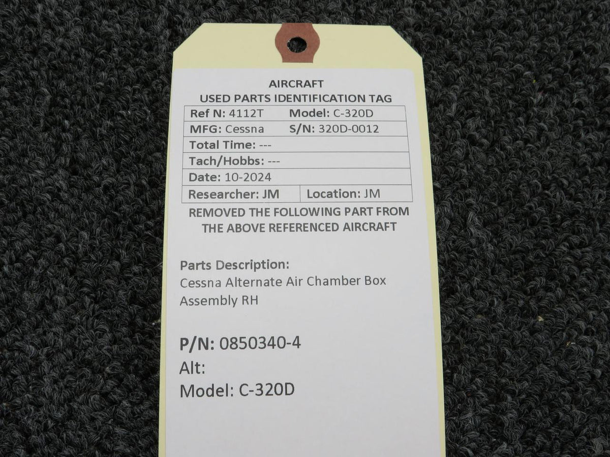 Cessna Aircraft Parts 0850340-4 Cessna 320D Alternate Air Chamber Box Assembly RH