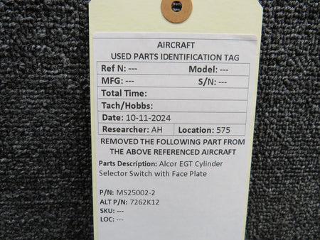 Alcor MS25002-2 (Alt: 7262K12) Alcor EGT Cylinder Selector Switch with Face Plate