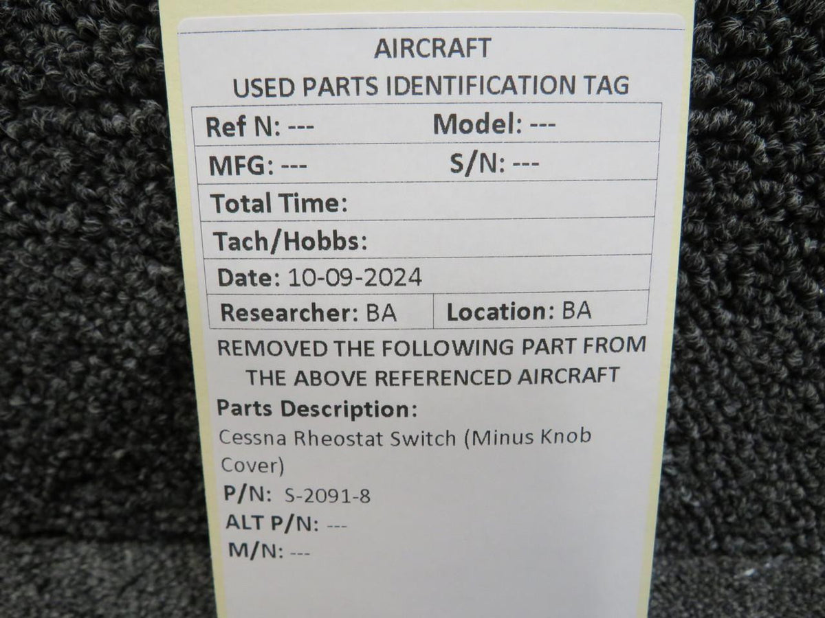 Cessna Aircraft Parts S-2091-8 Cessna Rheostat Switch (Minus Knob Cover)