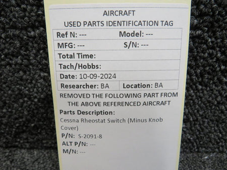 Cessna Aircraft Parts S-2091-8 Cessna Rheostat Switch (Minus Knob Cover)