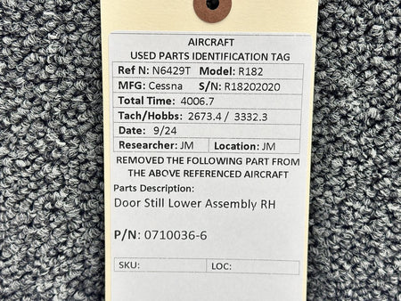 Cessna Aircraft Parts 0710036-6 Cessna R182 Door Still Lower Assembly RH