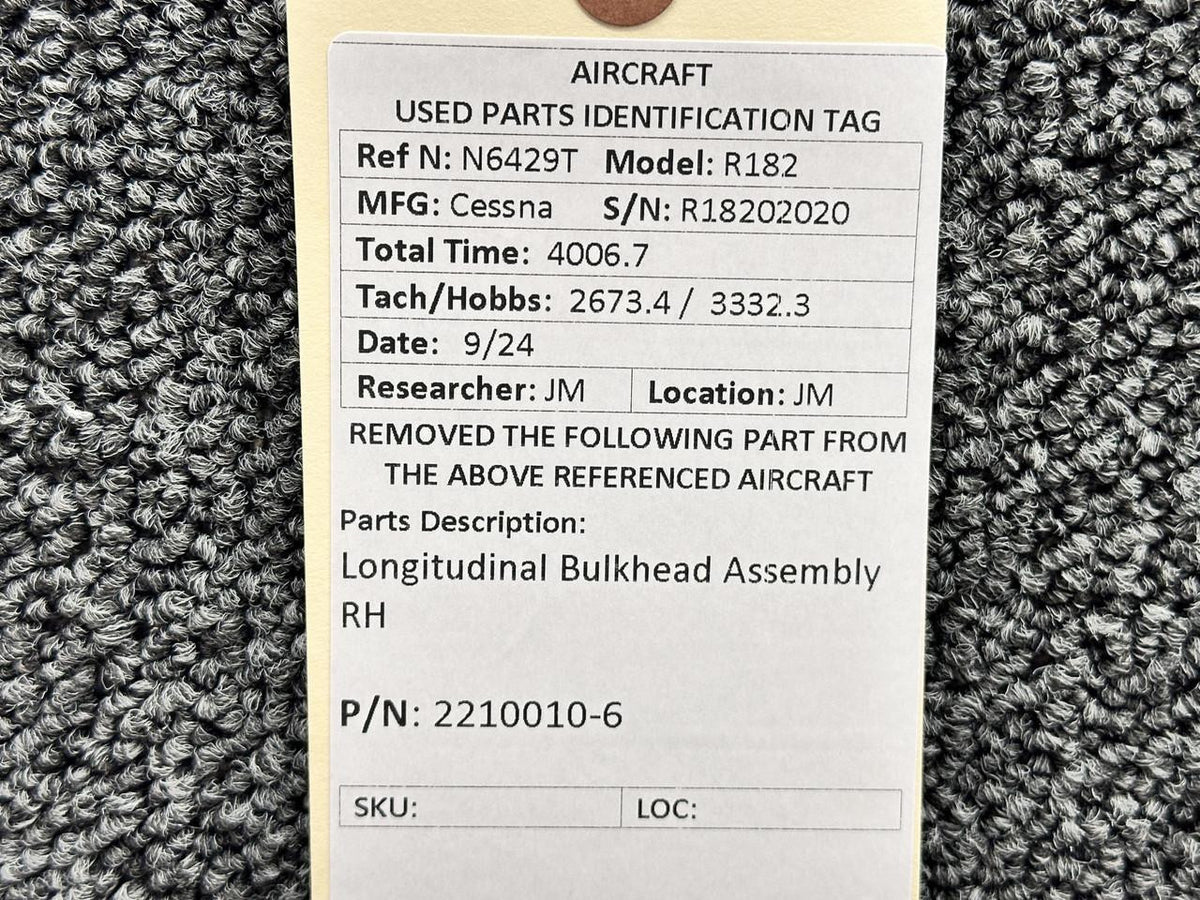 Cessna Aircraft Parts 2210010-6 Cessna R182 Longitudinal Bulkhead Assembly RH