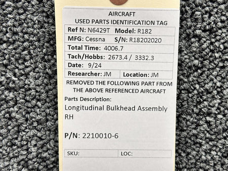 Cessna Aircraft Parts 2210010-6 Cessna R182 Longitudinal Bulkhead Assembly RH