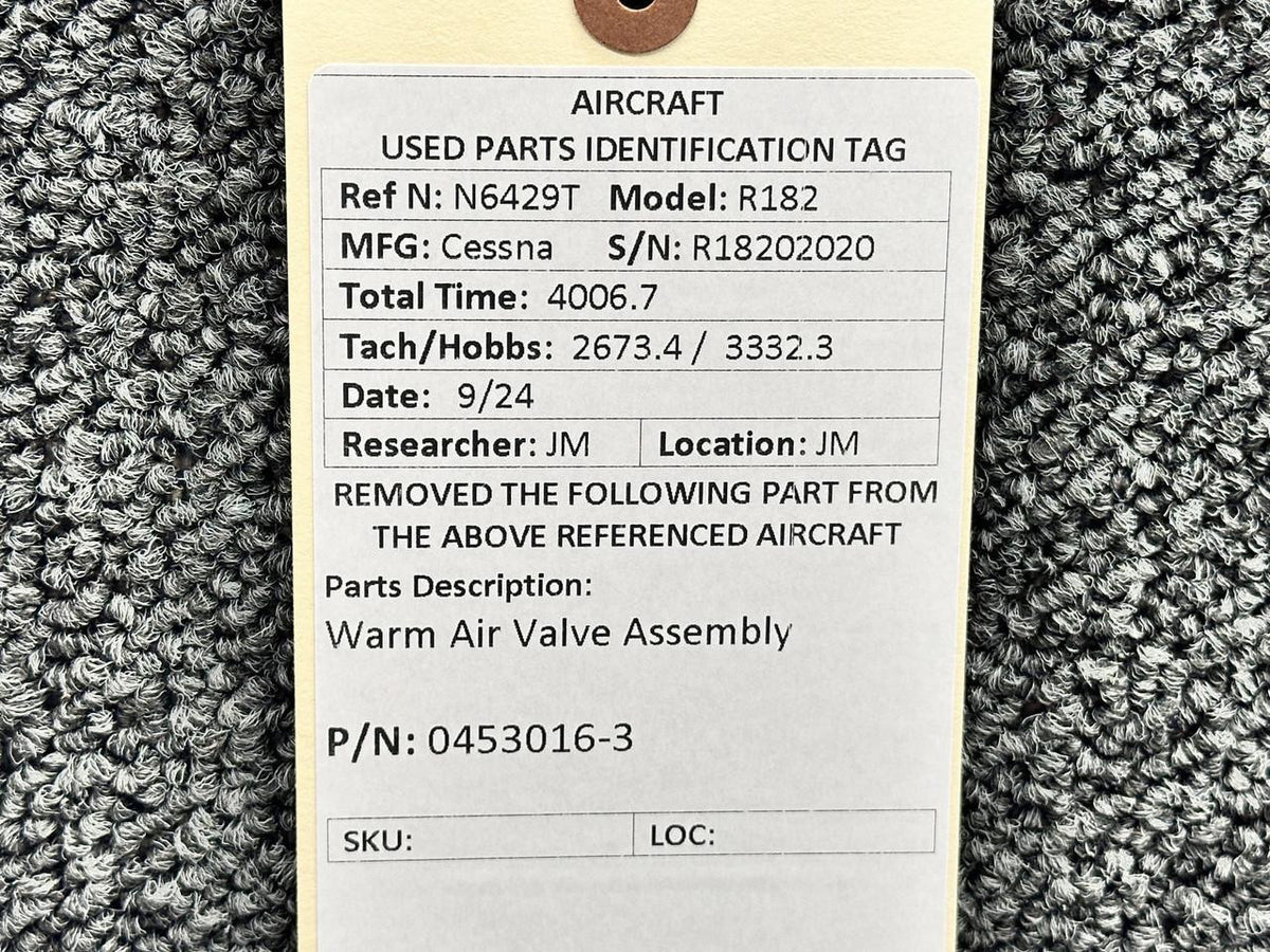 Cessna Aircraft Parts 0453016-3 Cessna R182 Warm Air Valve Assembly