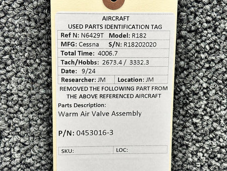 Cessna Aircraft Parts 0453016-3 Cessna R182 Warm Air Valve Assembly