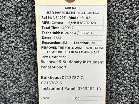 Cessna Aircraft Parts 0713787-7, 0713482-13 Cessna R182 Bulkhead & Stationary Instrument Panel Support