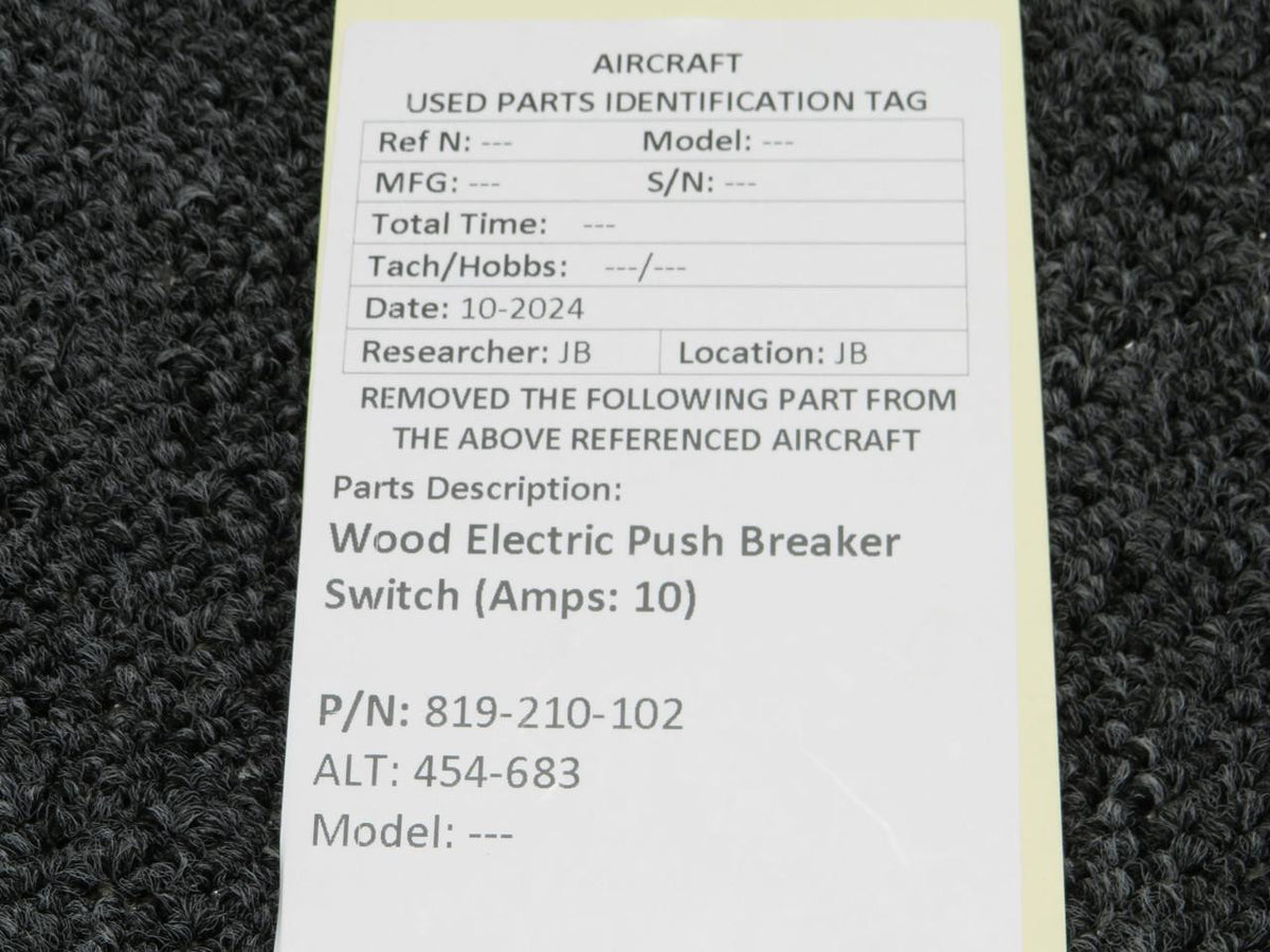 Wood Electric 819-210-102 (Alt: 454-683) Wood Electric Push Breaker Switch (Amps: 10)