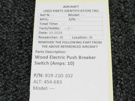 Wood Electric 819-210-102 (Alt: 454-683) Wood Electric Push Breaker Switch (Amps: 10)
