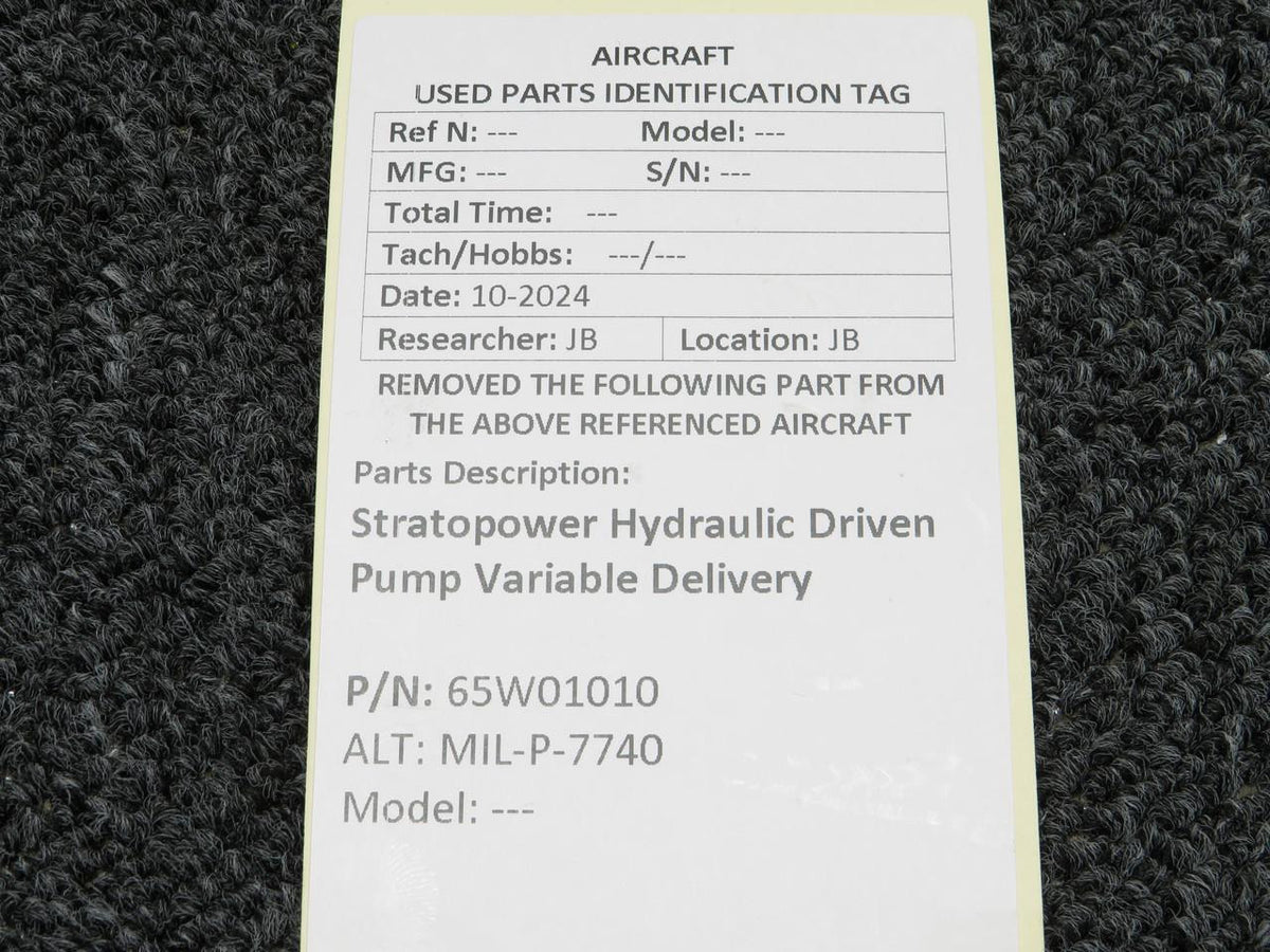 Stratopower 65W01010 (Alt: MIL-P-7740) Stratopower Hydraulic Driven Pump Variable Delivery