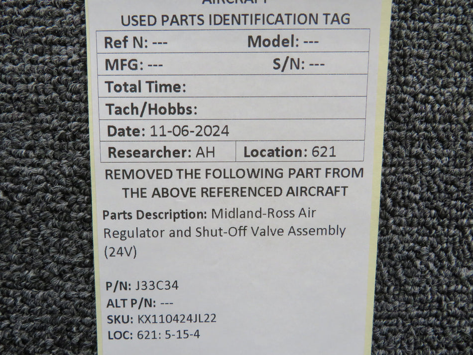 J33C34 Midland-Ross Air Regulator and Shut-Off Valve Assembly (24V)