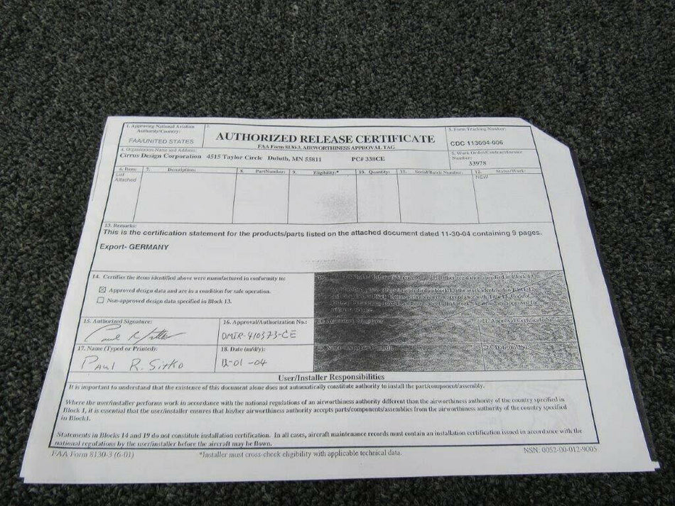 70097-001 Cirrus SR20/22 Fuel Selector Kit 2X-28-03-R1 W/ 8130 (SA)