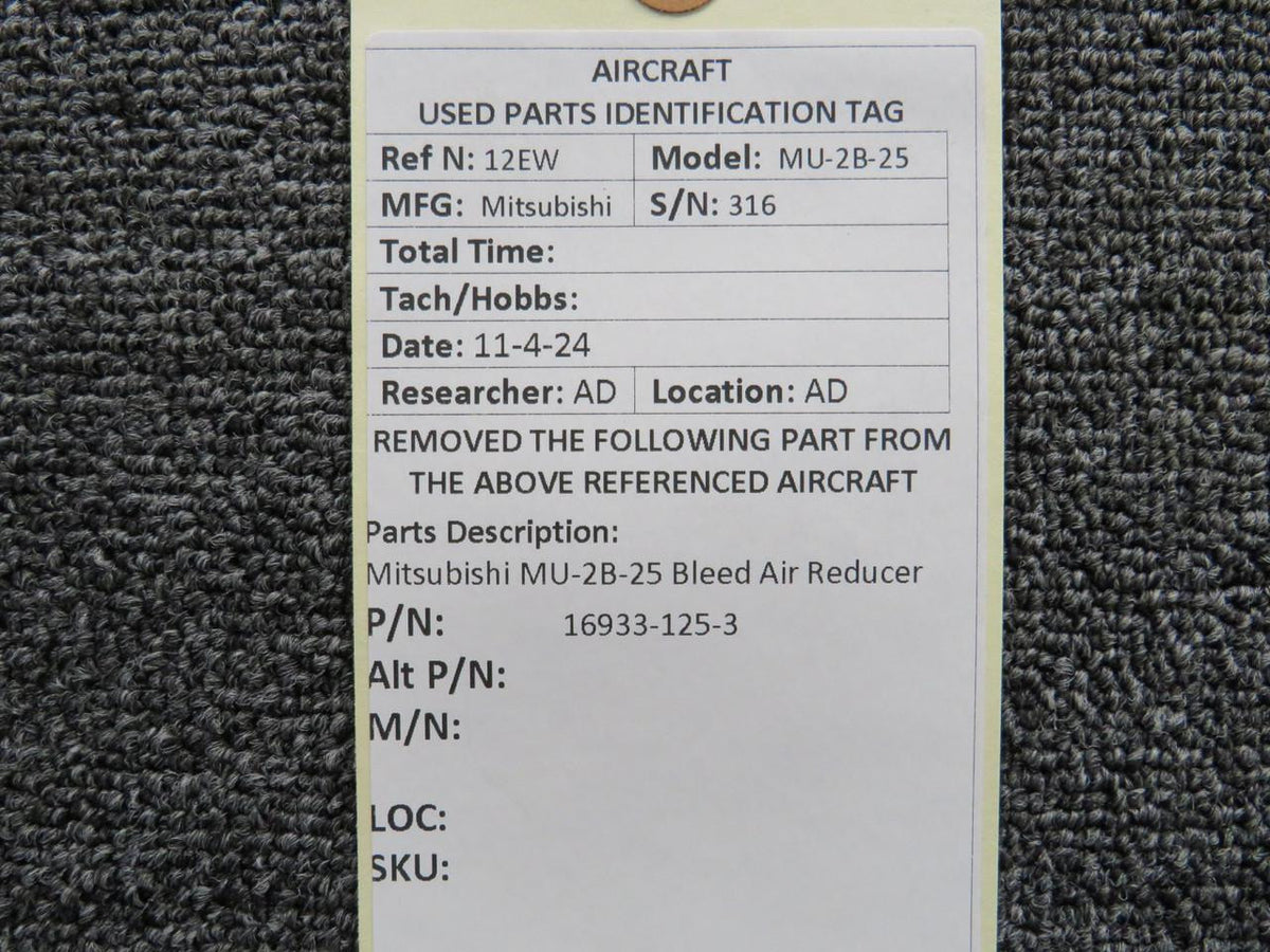 Mitsubishi 16933-125-3 Mitsubishi MU-2B-25 Bleed Air Reducer