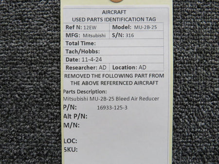Mitsubishi 16933-125-3 Mitsubishi MU-2B-25 Bleed Air Reducer
