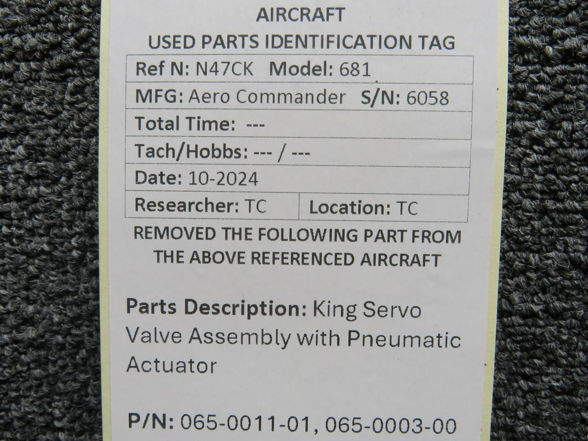King 065-0011-01, 065-0003-00 King Servo Valve Assembly with Pneumatic Actuator