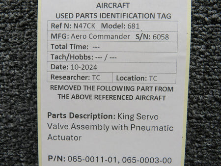 King 065-0011-01, 065-0003-00 King Servo Valve Assembly with Pneumatic Actuator