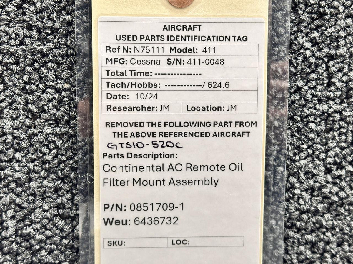 AC 0851709-1 (Weu: 6436732) Continental GTSIO-520-C AC Remote Oil Filter Mount