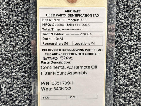 AC 0851709-1 (Weu: 6436732) Continental GTSIO-520-C AC Remote Oil Filter Mount