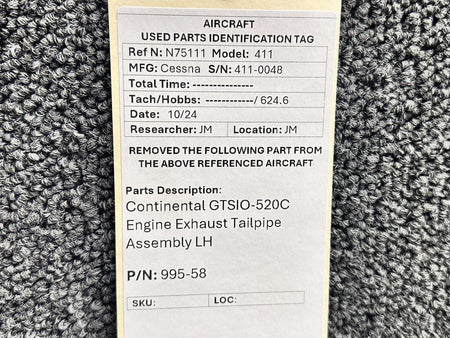 Continental Motors  995-58 Continental GTSIO-520-C Engine Exhaust Tailpipe Assembly LH