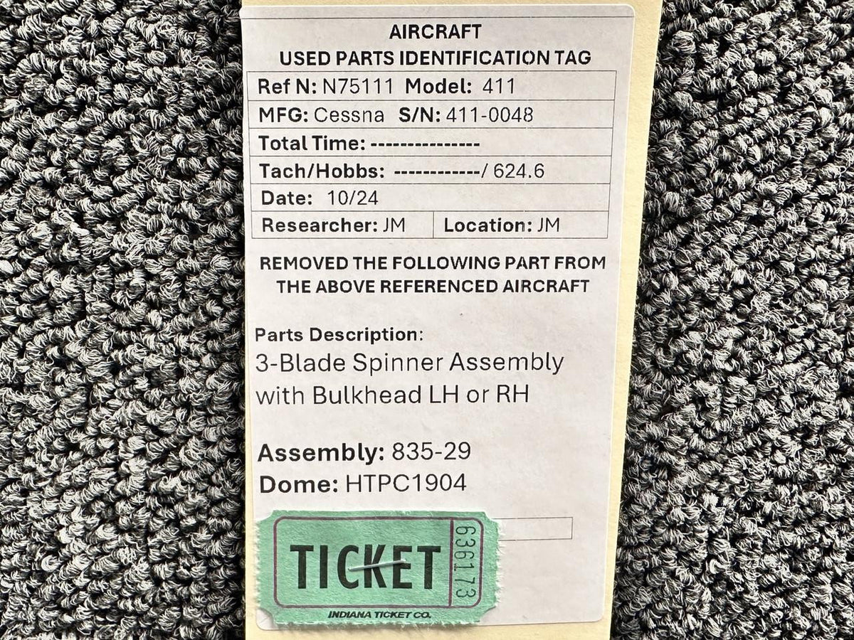 Cessna Aircraft Parts 835-29, HTPC1904 Cessna 411 3-Blade Spinner with Bulkhead LH or RH (Patched)