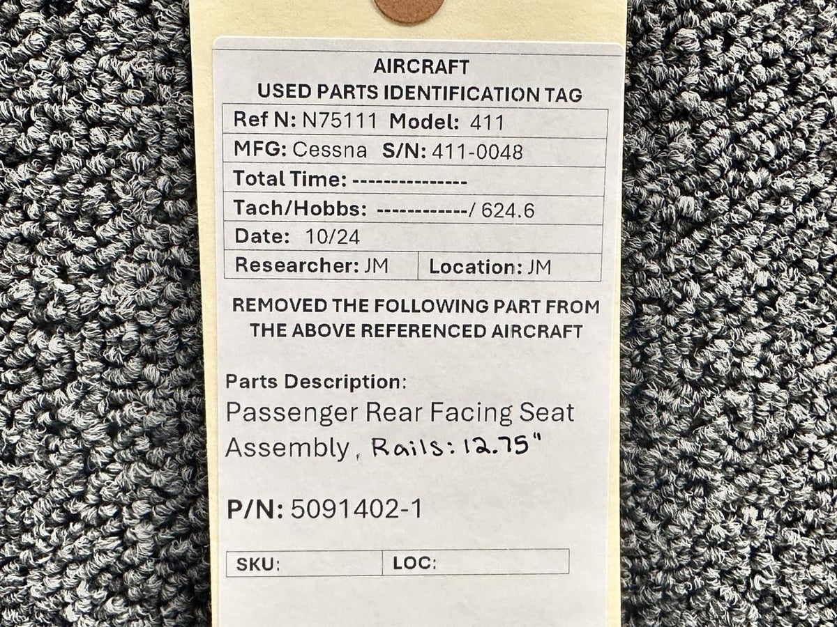 Cessna Aircraft Parts 5091402-1 Cessna 411 Passenger Rear Facing Seat Assembly (Rails: 12.75”)