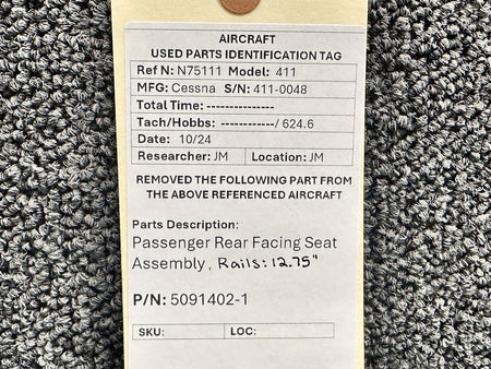 Cessna Aircraft Parts 5091402-1 Cessna 411 Passenger Rear Facing Seat Assembly (Rails: 12.75”)
