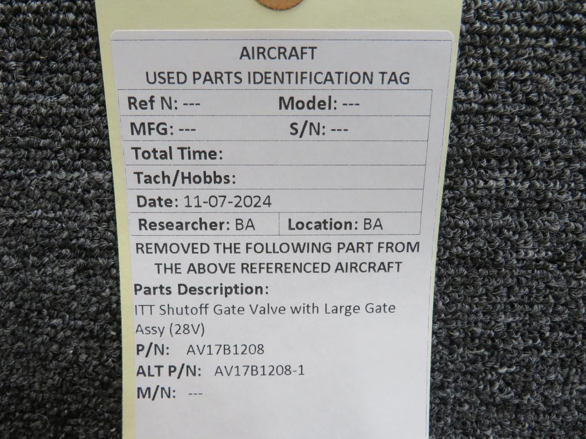 ITT AV17B1208 (Use: AV17B1208-1) ITT Shutoff Gate Valve with Large Gate Assy (28V)