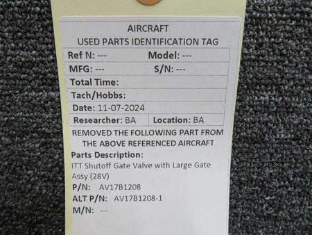 ITT AV17B1208 (Use: AV17B1208-1) ITT Shutoff Gate Valve with Large Gate Assy (28V)