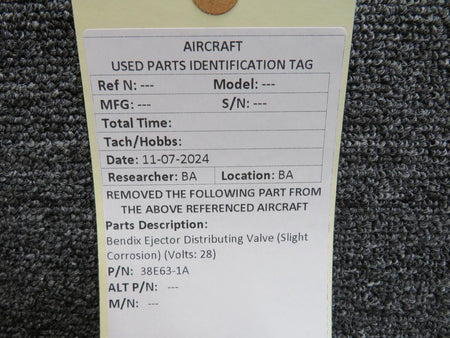 Bendix Airplane Parts & Equipment 38E63-1A Bendix Ejector Distributing Valve (Slight Corrosion) (Volts: 28)