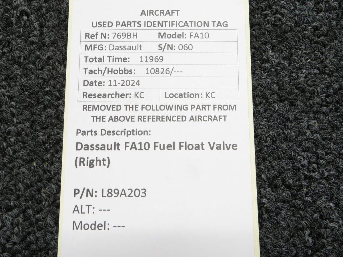 Dassault L89A203 Dassault FA10 Fuel Float Valve (Right)