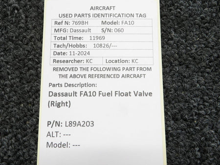 Dassault L89A203 Dassault FA10 Fuel Float Valve (Right)