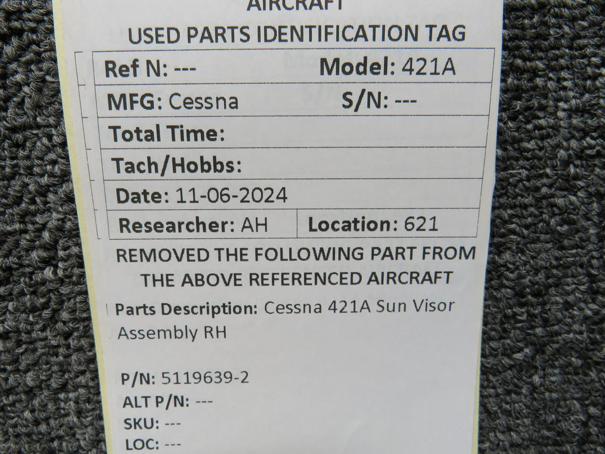 Cessna Aircraft Parts 5119639-2 Cessna 421A Sun Visor Assembly RH