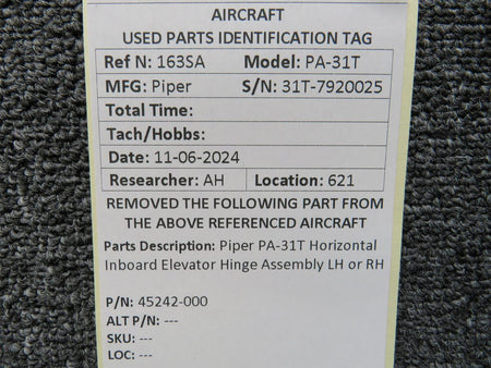 Piper Aircraft Parts 45242-000 Piper PA-31T Horizontal Inboard Elevator Hinge Assembly LH or RH