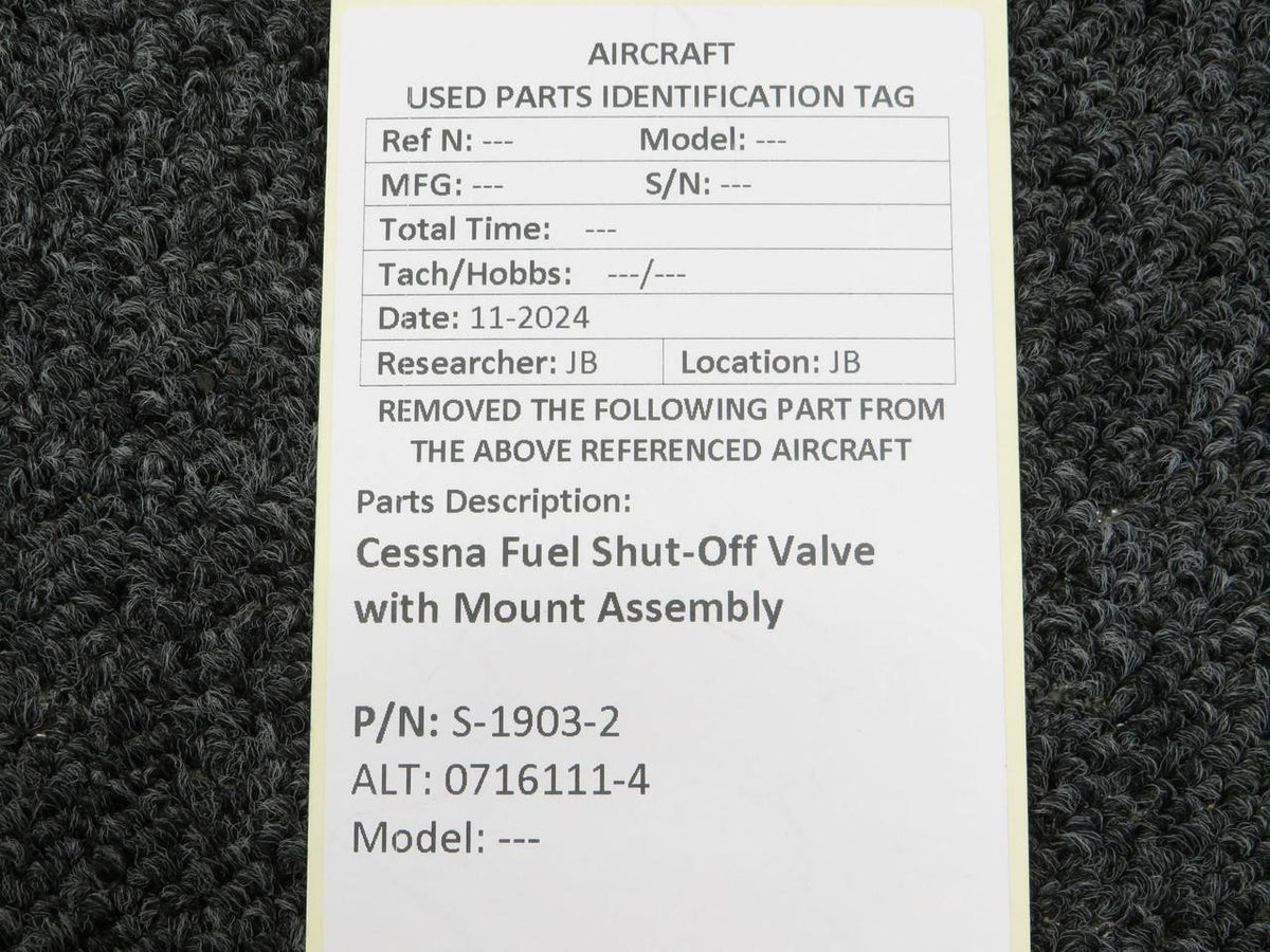 Cessna Aircraft Parts S-1903-2 (Use: 0716111-4) Cessna Fuel Shut-Off Valve with Mount Assembly